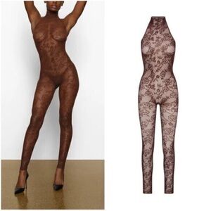 SKIMS Womens Knit Lace High Neck Sleeveless Sheer Catsuit Cocoa Size 4X